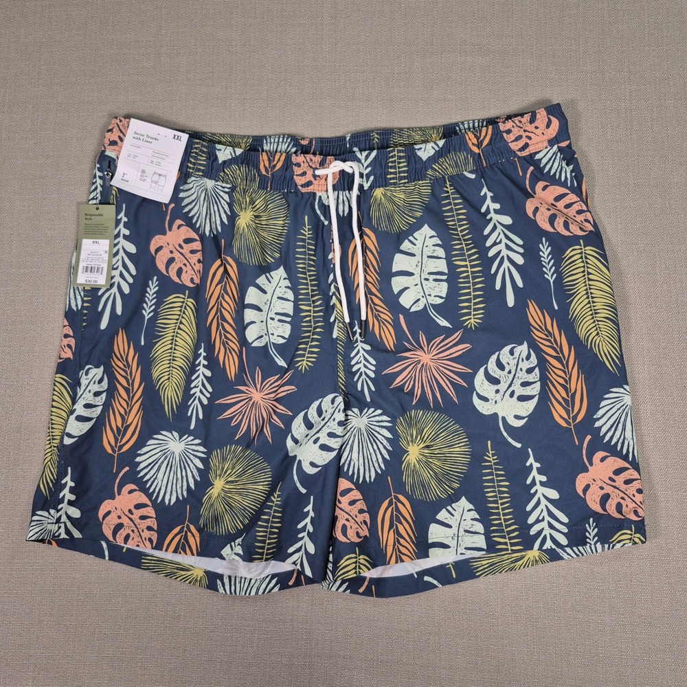 Goodfellow & Co Mens XXL Swim Trunks Navy Tropical Leaf Print 7" Inseam NWT